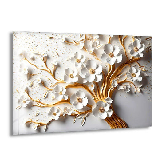 A striking gold and white flower tree design adorns this art from glass.