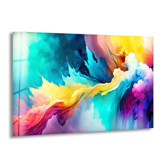 Explosive color abstract glass wall art featuring vibrant turquoise and yellow energy flows along its sleek glass edge.
