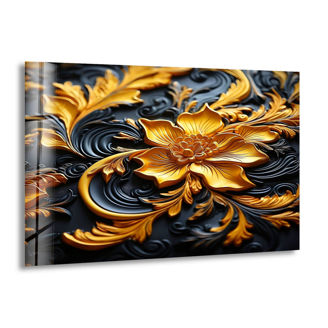Botanical Gold & Black Flower Glass Wall Art glass photo prints, glass picture prints
