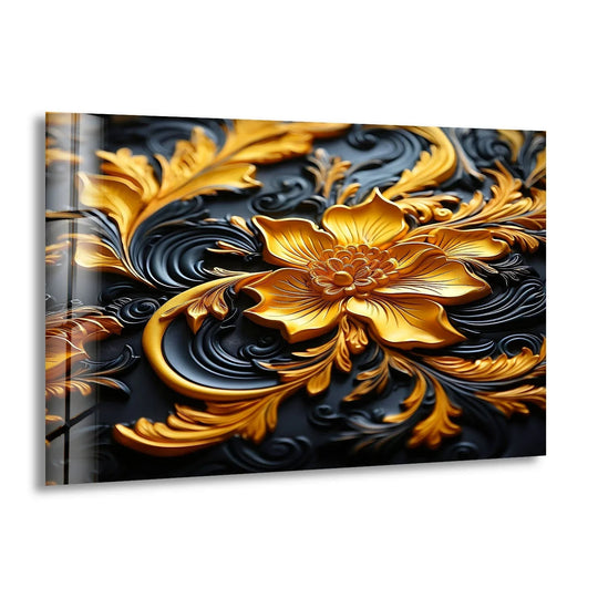 Botanical gold & black flower glass wall art decor features a striking floral shape with intricate, curved petal details against a textured background.