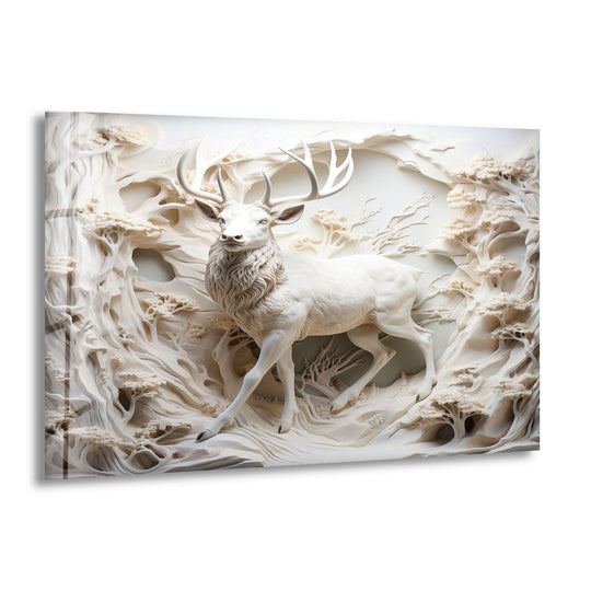 An ethereal white deer artfully navigates a monochromatic forest, a testament to unique modern wall decor.