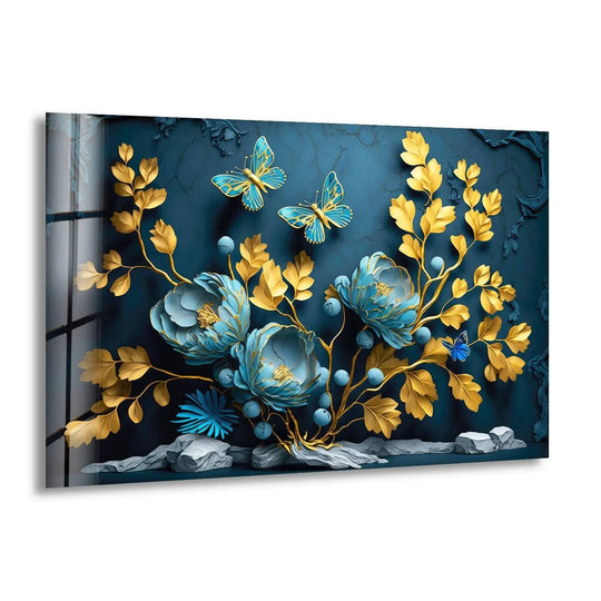 Shadows play across a navy wall, highlighting the luminous golden leaves and turquoise 3D flowers in this stunning glass art painting.