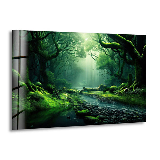 Displaying the realistic detail, this mystical enchanted forest stream wall art from glass showcases a lush green nature scene with incredible clarity.