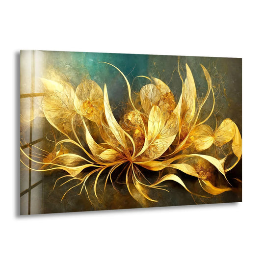 Golden flower home decoration with intense color saturation against a deep teal and brown background.