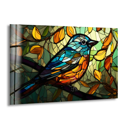 Stained glass wall art shows colorful songbird on branch and features nature inspired decor and vibrant design for bird lovers