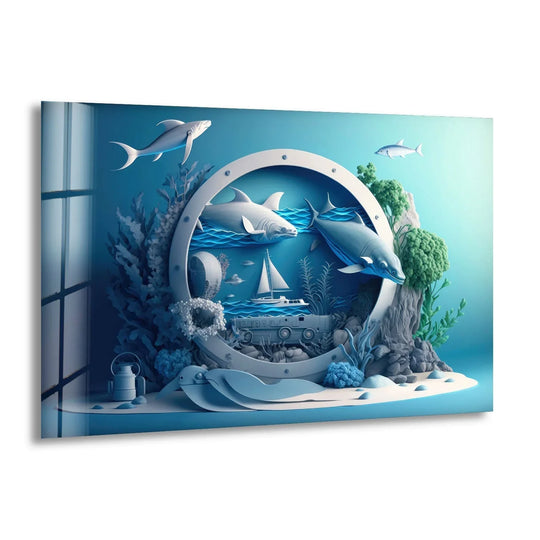 A rhythmic underwater scene unfolds with sleek sharks circling a nautical porthole, a captivating piece of decorative wall art.