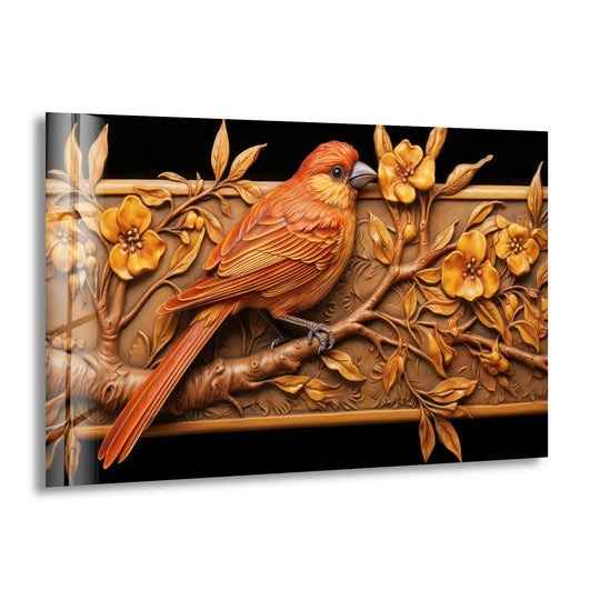Goldfinch and flower glass wall art shows an orange bird with gold flowers and leaves and it is bird wall art with natural elegance and lasting beauty