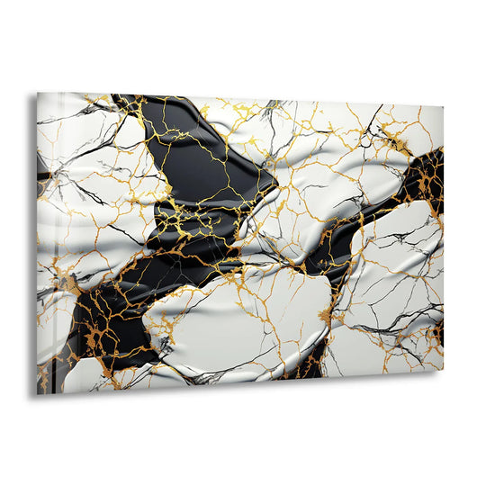 Smooth glass art painting showcases a luxurious marble texture with cracked gold accents and deep black veins.