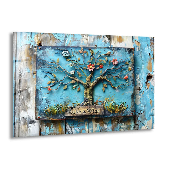 Blue Wood Details Tree Glass Wall Art picture on glass wall art, photos printed on glass
