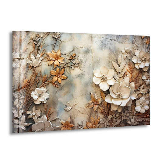 A realistic 3D glass wall art displays intricate autumn flowers and leaves against a textured, muted background, enhancing home decor with lifelike detail.
