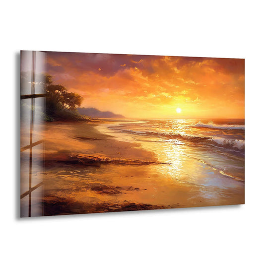 Golden beach sunset wall art features a tranquil ocean shoreline scene as the central subject, printed on glass perfect for coastal home decor.