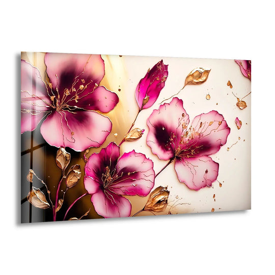 With rich color saturation, this pink floral art from glass presents elegant gold petals in a modern botanical wall decor style.