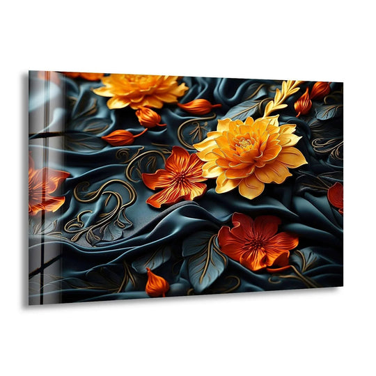 Stunning print wall art featuring vibrant orange and yellow botanical flowers on deep blue satin with a glass finish.