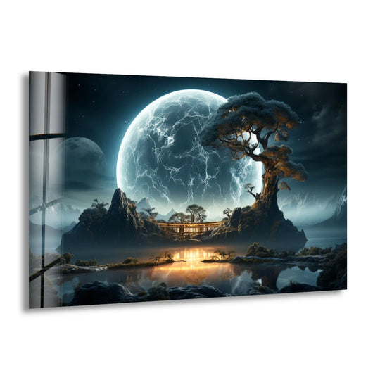 Negative space surrounds the moonlit temple in this futuristic landscape, drawing the eye to the zen scene in this ethereal glass art print.