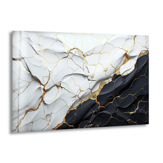 Abstract glass art featuring cool white and deep black with warm golden veins, creating a striking temperature contrast.