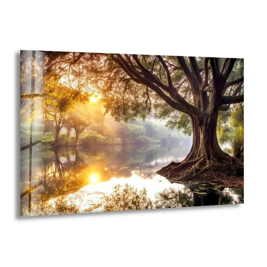 Rippling reflections capture the sense of movement across the glass wall art as the sun rises over the golden forest sunrise, exemplifying the best glass art.