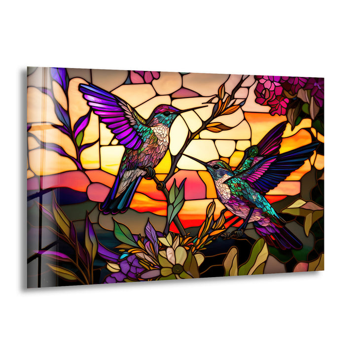Hummingbird Stained Glass Wall Art – Sunset Floral Window Panel