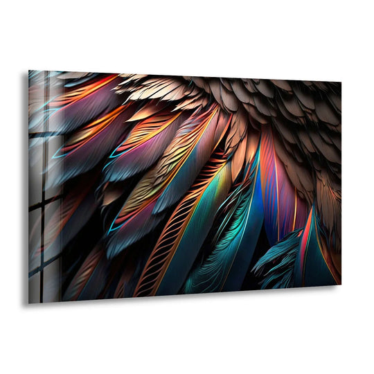 Close-up of vibrant, iridescent feathers, the loudest element in this home decoration.