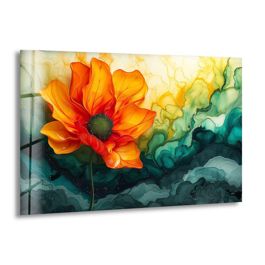 Vibrant orange flower dominates this unique modern wall decor with swirling green and yellow abstract marble design.