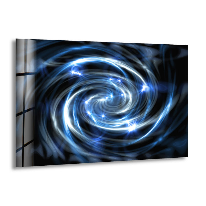 Spiralgalaxie-Wandkunst aus Glas – Blauer kosmischer Wirbel mit Sternenexplosionen