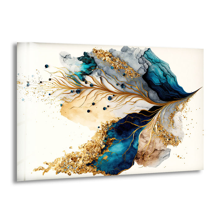 Abstrakte Glaswandkunst in Gold und Blau – Luxuriöses, modernes, fließendes Design