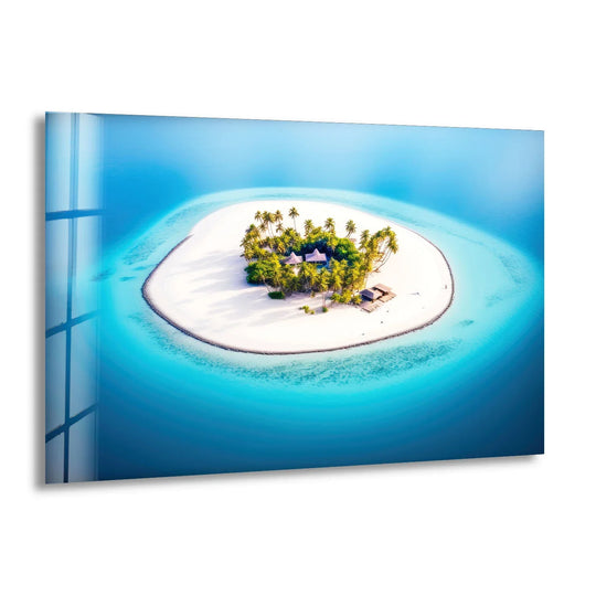 Reflecting the beauty of a tropical island, the darkest area accentuates the coastal vibes in this glass print, perfect for home decoration and adding a touch of aerial beach paradise.