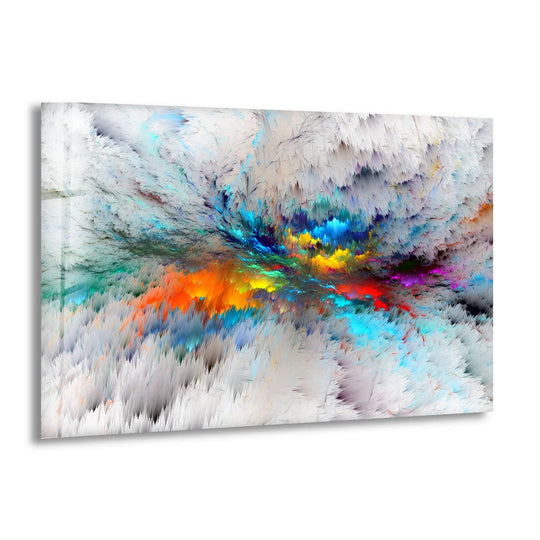 Explosive prismatic abstract glass wall art reveals dynamic layers of vibrant color, creating the best glass art with impressive depth.