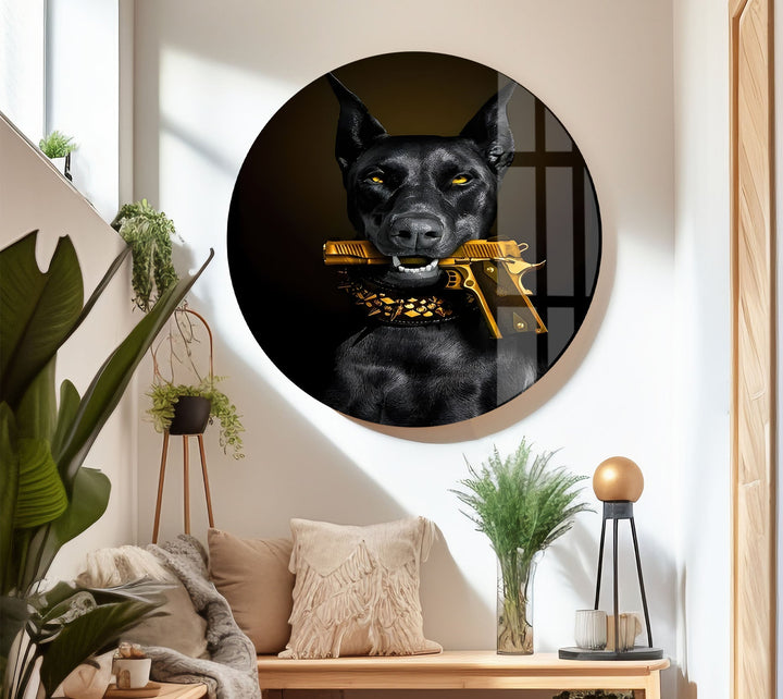 Doberman with Golden Gun Glass Wall Art Glass Printing Wall Art, Print photos on glass
