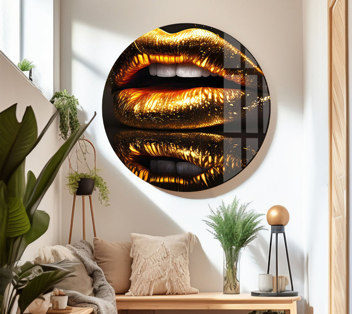 Goldene Lippen Wandkunst – Glamouröses funkelndes Mund-Glasdruck-Design