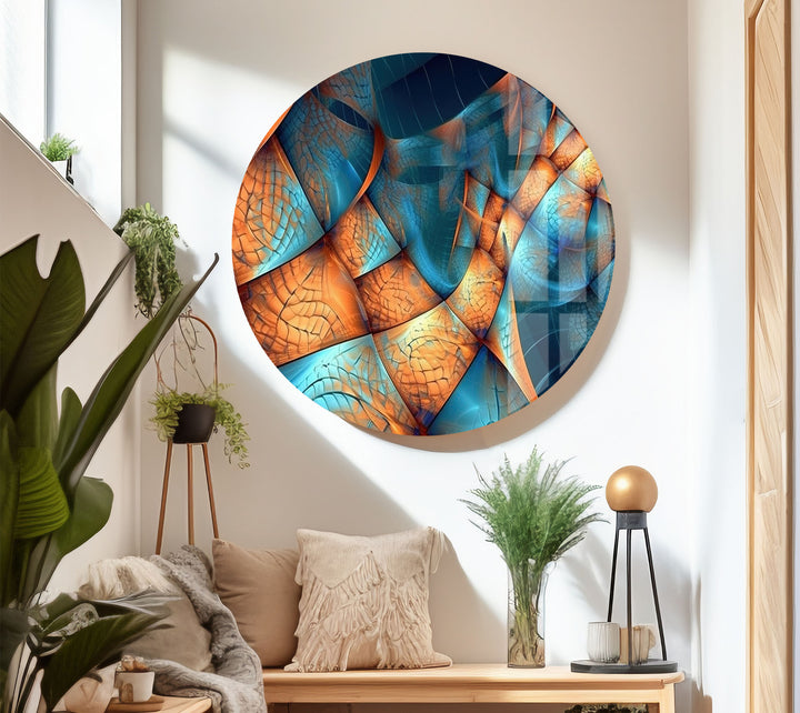 Fraktale Wellen-Glaswandkunst – Blaues und oranges abstraktes Flussdesign für moderne Räume 