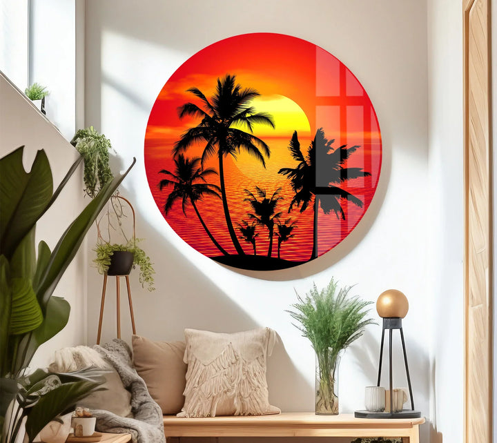 Tropical Sunset Palm Tree Wall Art – Vibrant Beach Scene on Tempered Glass - MyPhotoStation