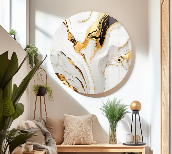 White Gold Marble Abstract Wall Art – Modern Luxury Glass Print for Elegant Interiors