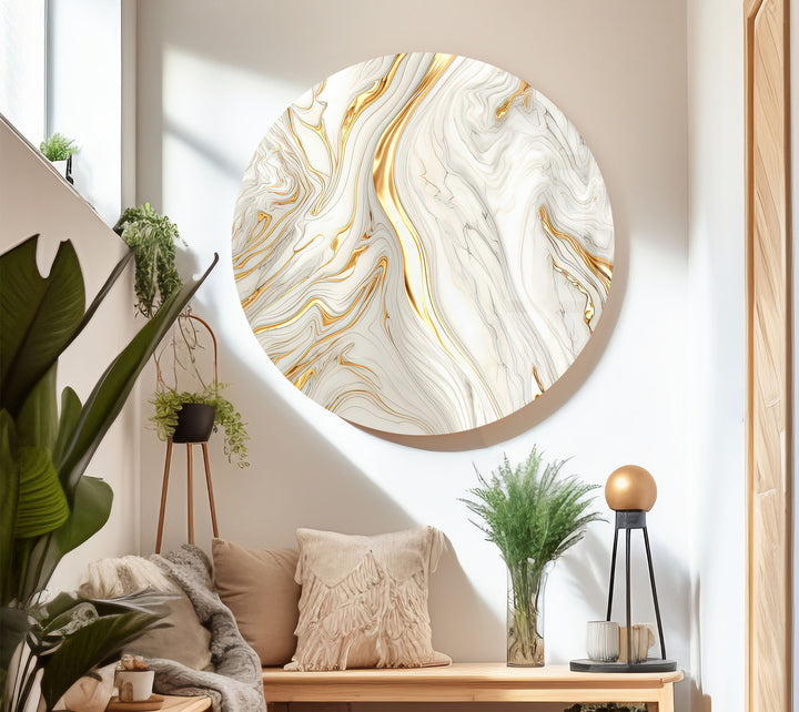 White & Gold Marble Glass Wall Art – Elegant Luxury Abstract Design