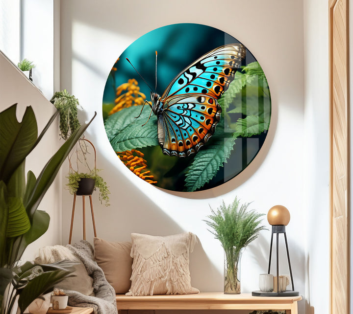 Blue Monarch Glaswandkunst – Lebendiger Schmetterling auf Blattdruck 