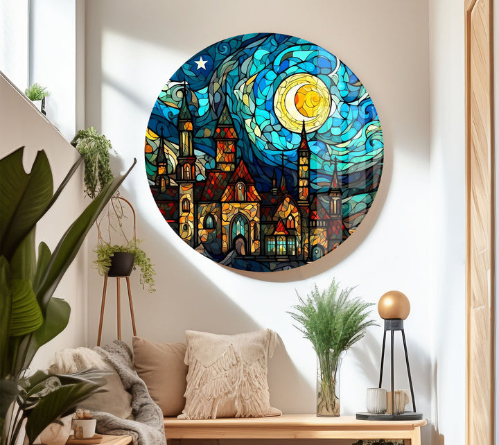 Van Gogh Sternennacht Schloss Glaswandkunst – Buntglas-inspiriert 