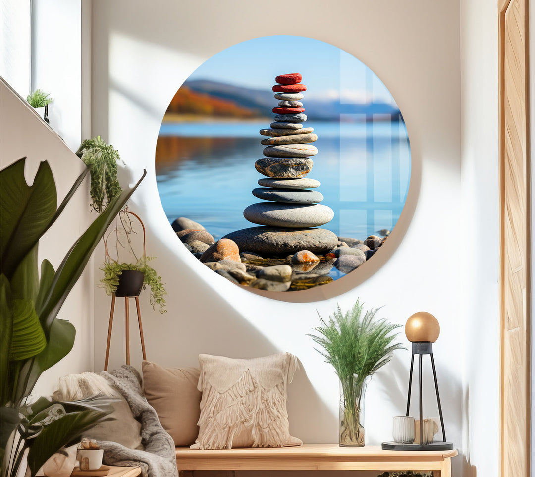 Stacked Stones Glass Wall Art – Tranquil Lake Balance Scene