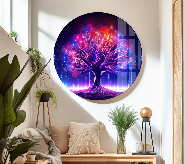 Leuchtende Fantasy-Baum-Wandkunst – Abstraktes Glasdruckdesign mit Neonlicht