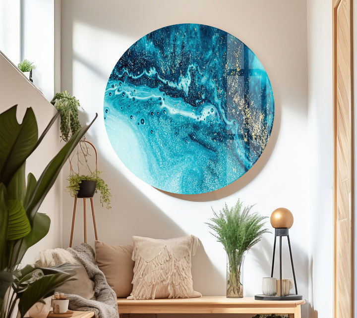 Blue and Gold Abstract Wall Art – Ocean-Inspired Glass Print Design