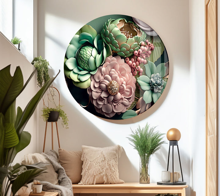 Grüne botanische Wandkunst – 3D-Blumendruck auf Glas mit goldenen und rötlichen Akzenten