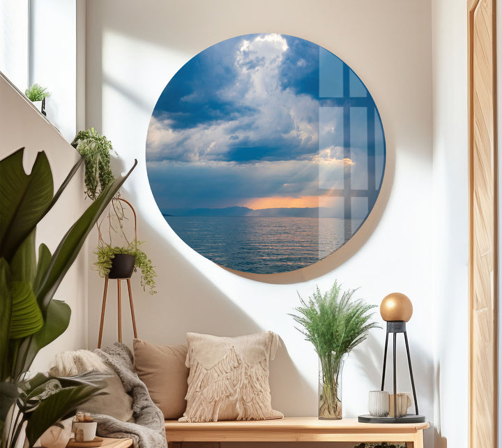 Stormy Ocean Sunset Wall Art – Moody Sea Glass Print with Sunlight Rays