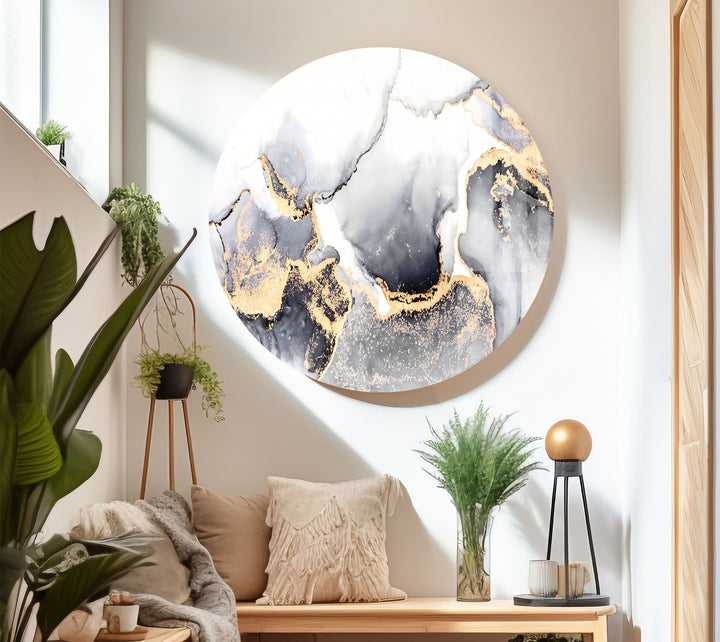 Monochrome Marble Glass Wall Art – Black White & Gold Luxury Abstract Print