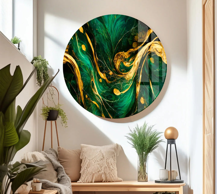 Green Gold Abstract Wall Art – Luxury Glass Print with Flowing Metallic Design for Modern Interiors - MyPhotoStation