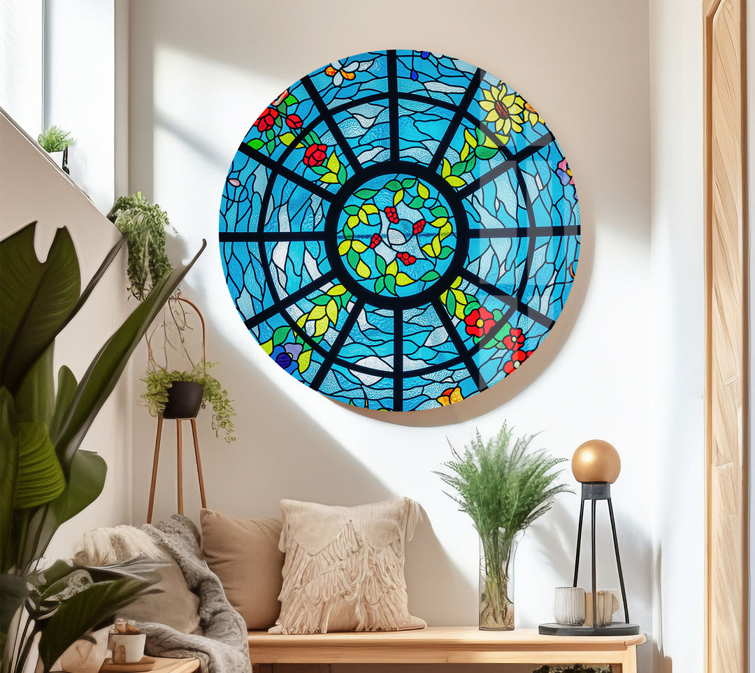 Blue Stained Glass Wall Art – Vibrant Floral & Ocean Window Design for Home & Office
