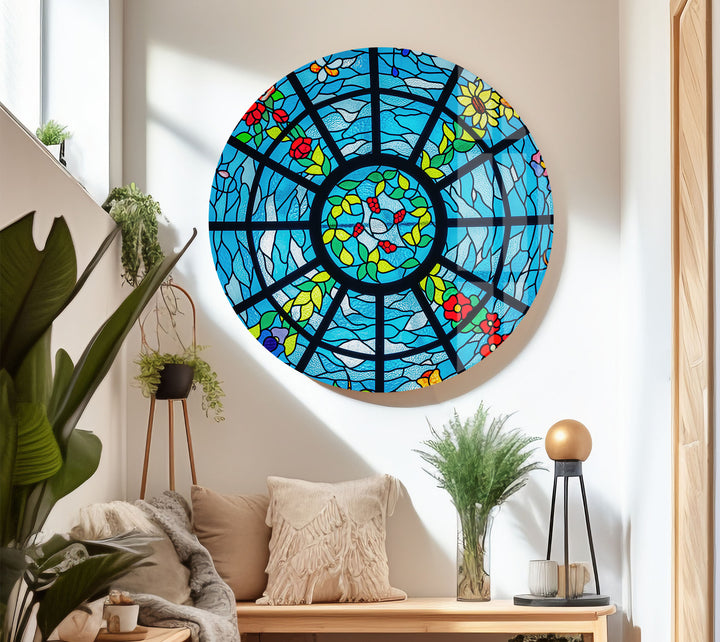 Blue Stained Glass Wall Art – Vibrant Floral & Ocean Window Design for Home & Office