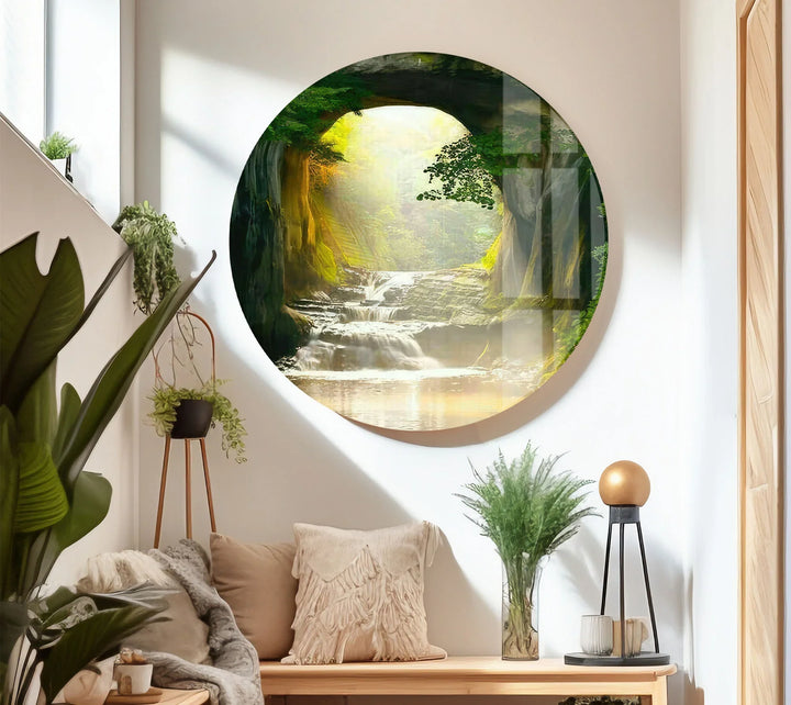 Sunlit Forest Cave Waterfall Glass Wall Art – Serene Nature Landscape Print - MyPhotoStation