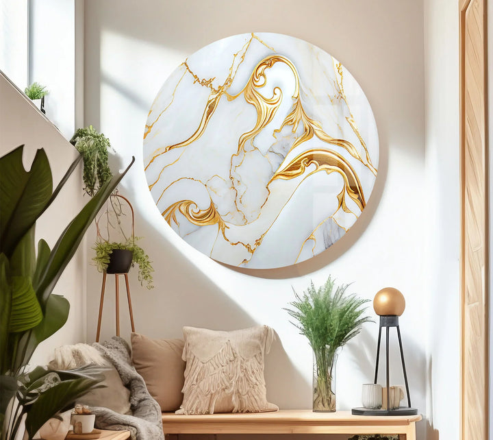 Luxury White Marble Wall Art with Gold Swirl – Elegant Glass Print for Modern Interiors - MyPhotoStation
