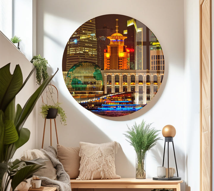 Shanghai Skyline Wall Art – Vibrant City Lights Glass Print for Modern Decor