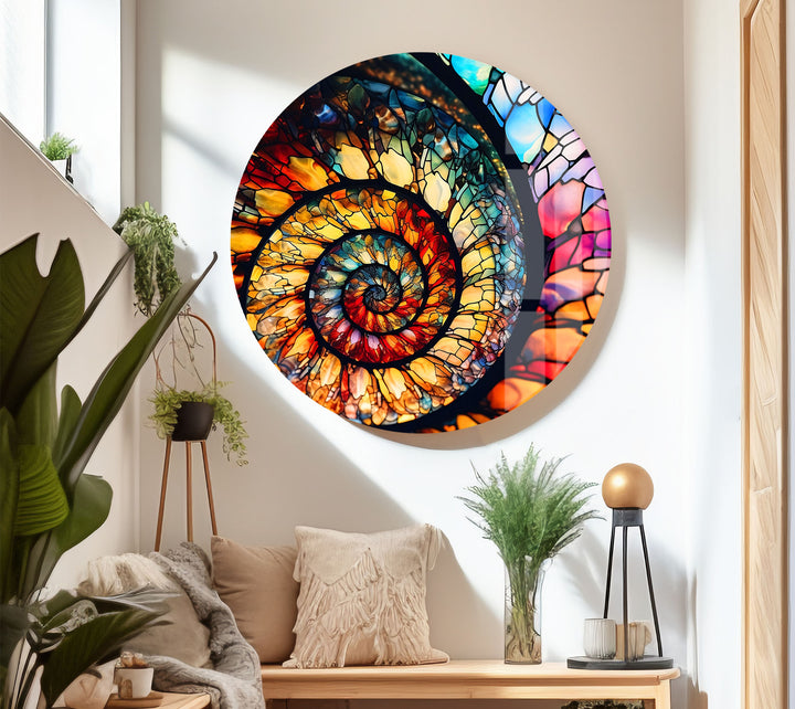 Spiralförmige Wandkunst aus Buntglas – Lebendiges Nautilusmuschel-Design 