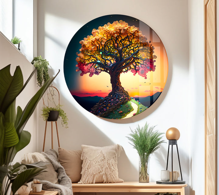 Verträumte Wandkunst mit Lebensbaum – Sonnenuntergangspfad, Fantasy-Glasdruck-Design