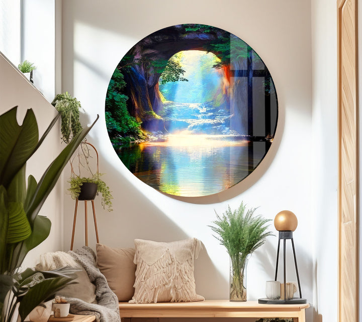 Waldlichttunnel-Wandkunst – Sonnenstrahlreflexions-Glasdruckdesign